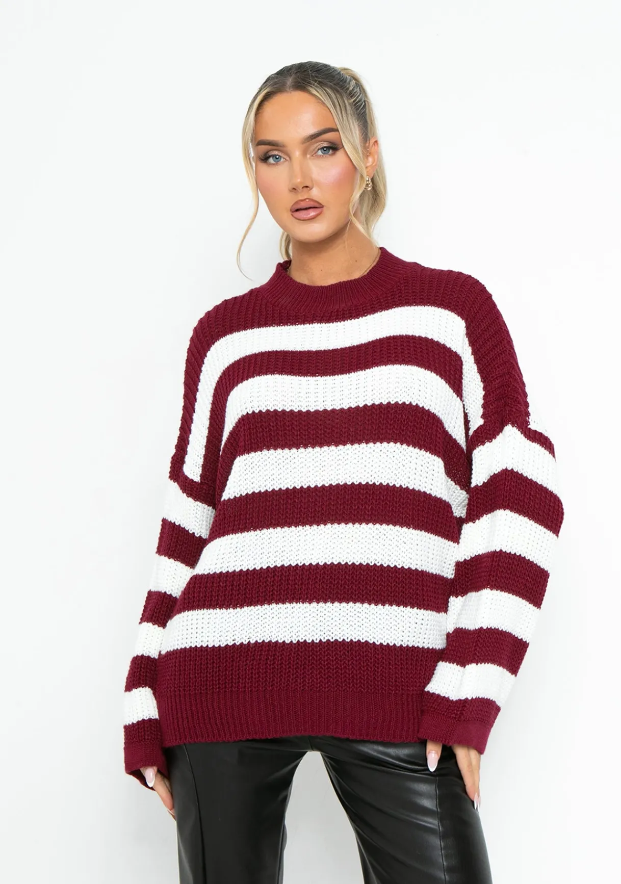 Airport Vibin'|Knitwear*Missy Empire Frankie Wine Oversized Stripe Chunky Knitted Jumper Red
