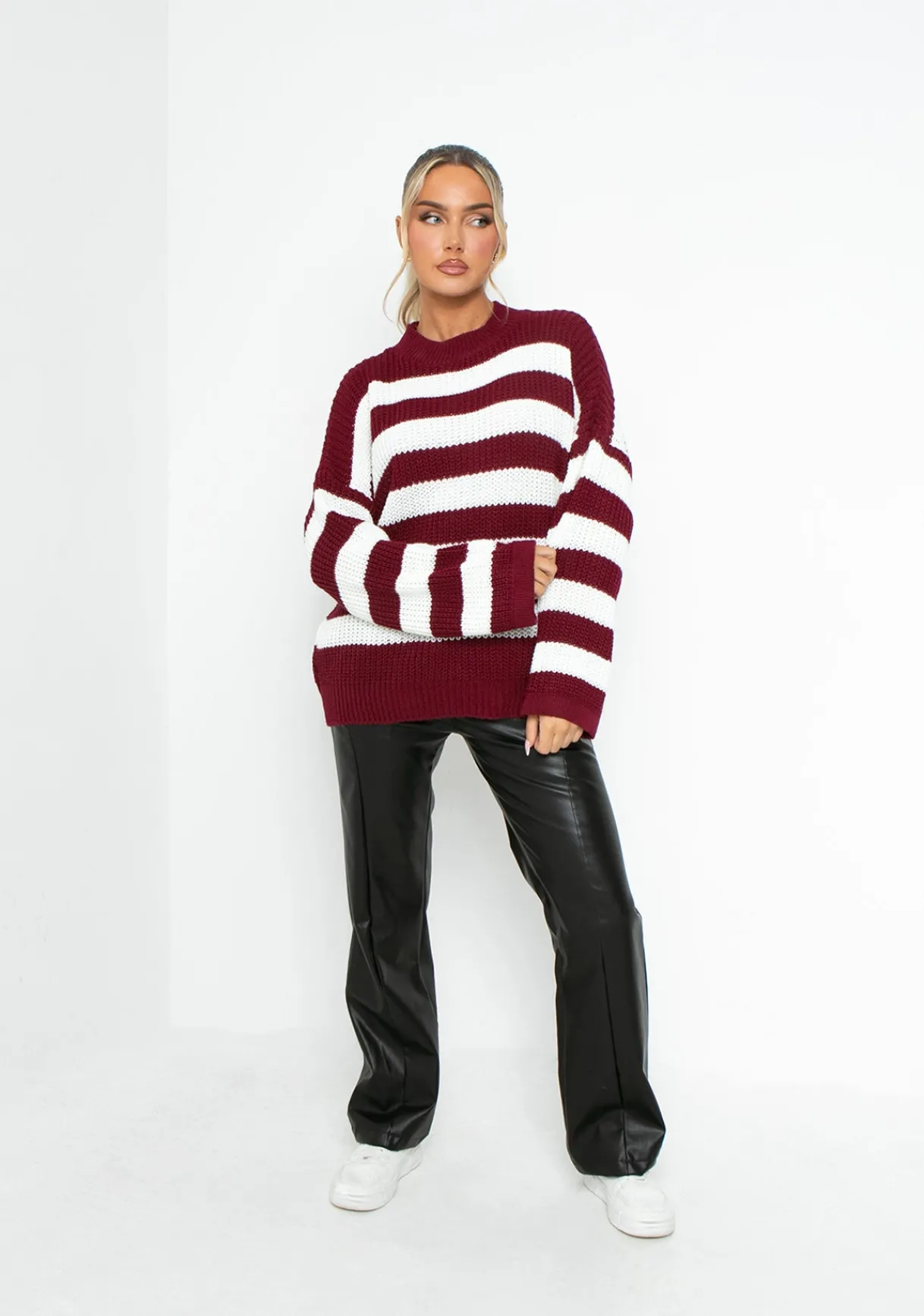 Airport Vibin'|Knitwear*Missy Empire Frankie Wine Oversized Stripe Chunky Knitted Jumper Red