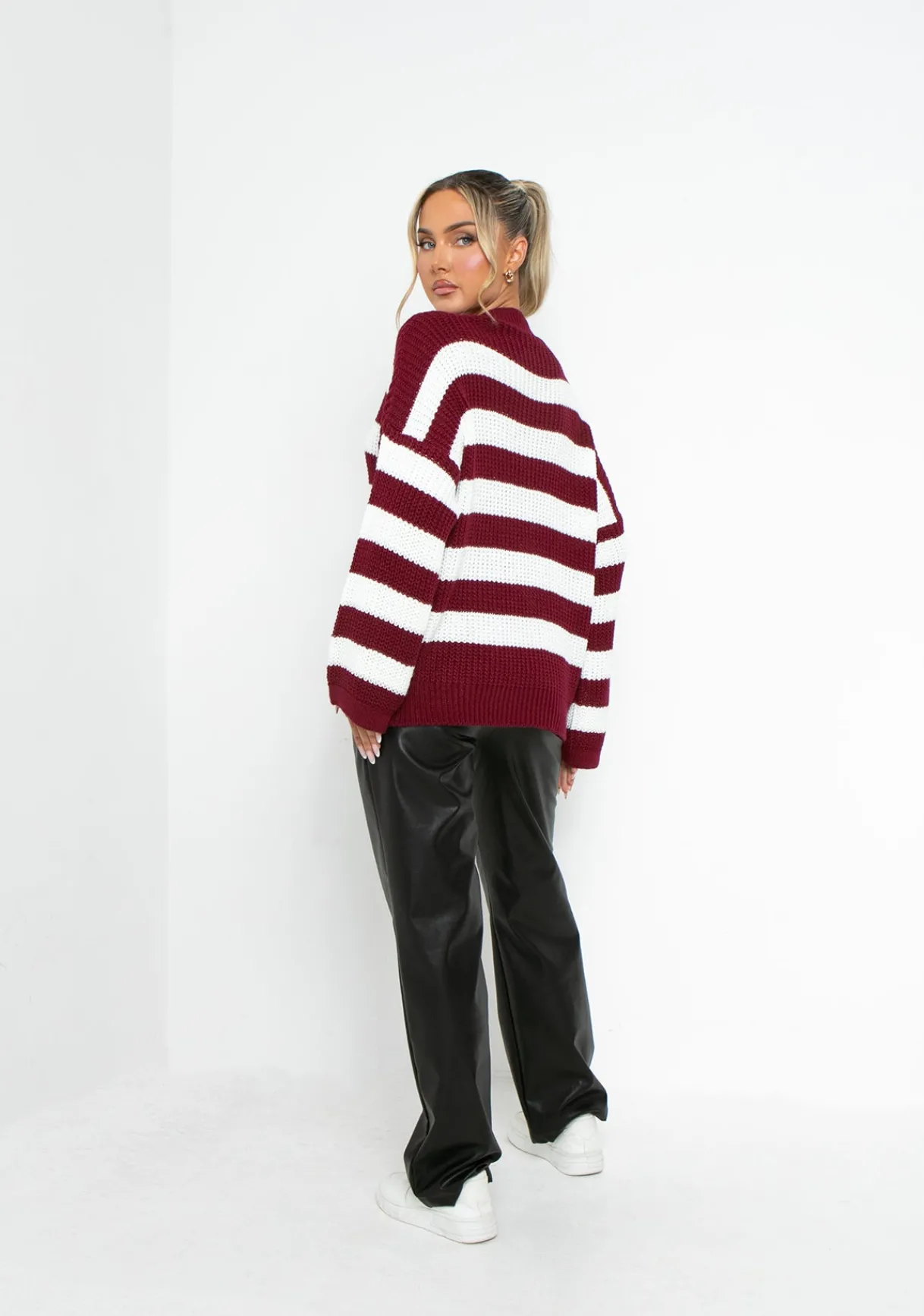 Airport Vibin'|Knitwear*Missy Empire Frankie Wine Oversized Stripe Chunky Knitted Jumper Red
