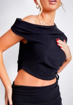 The Party Edit|Tops*Missy Empire Freya Black Off The Shoulder Ruched Crop Top