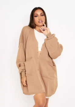 Airport Vibin'|Knitted Dresses*Missy Empire Freya Knitted Oversized Button Through V-Neck Cardigan Dress Mocha