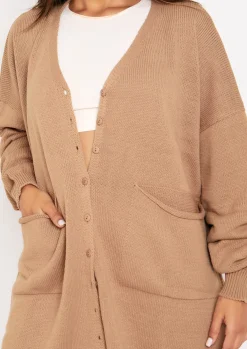 Airport Vibin'|Knitted Dresses*Missy Empire Freya Knitted Oversized Button Through V-Neck Cardigan Dress Mocha