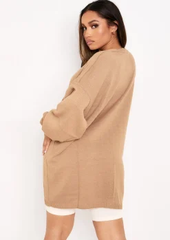 Airport Vibin'|Knitted Dresses*Missy Empire Freya Knitted Oversized Button Through V-Neck Cardigan Dress Mocha