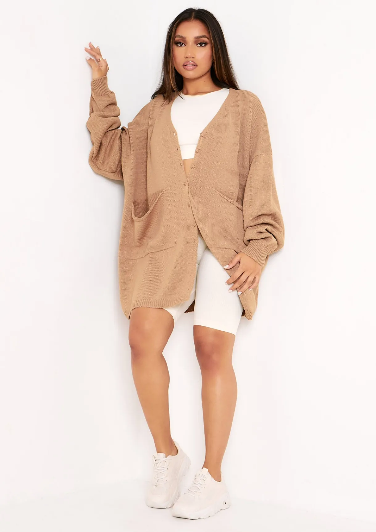 Airport Vibin'|Knitted Dresses*Missy Empire Freya Knitted Oversized Button Through V-Neck Cardigan Dress Mocha