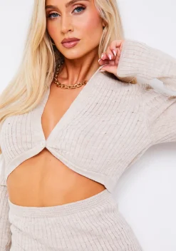 Long Sleeve Dresses|Knitted Dresses*Missy Empire Gabrielle Beige Distressed Cut Out Knit Mini Dress With Connected Buttons