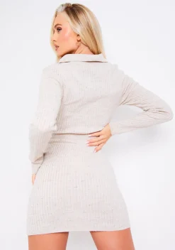 Long Sleeve Dresses|Knitted Dresses*Missy Empire Gabrielle Beige Distressed Cut Out Knit Mini Dress With Connected Buttons