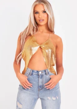 Rave Outfits|The Party Edit*Missy Empire Gemma Gold Twist Front Chainmail Top