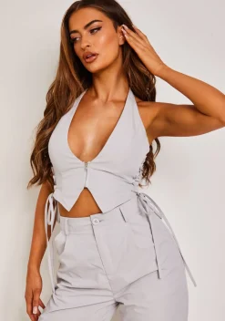 Tops|Co-Ords*Missy Empire Gemma Light Grey Tie Up Halter Neck Waistcoat