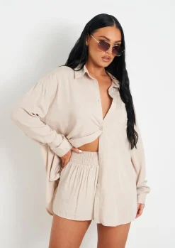 Airport Vibin'|Tops*Missy Empire Giana Linen Oversized Shirt Beige