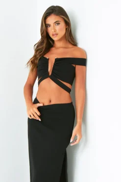 The Party Edit|Tops*Missy Empire Gigi Plunge Cut Out Top With Gold Trim Black