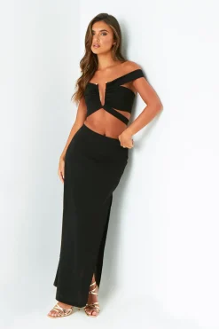 The Party Edit|Tops*Missy Empire Gigi Plunge Cut Out Top With Gold Trim Black