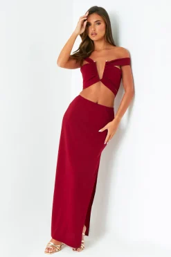 The Party Edit|Tops*Missy Empire Gigi Wine Plunge Cut Out Top With Gold Trim Red