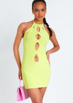 Rave Outfits|Mini Dresses*Missy Empire Giselle Lime Cut Out Halter Neck Double Layered Mini Dress Lime Green