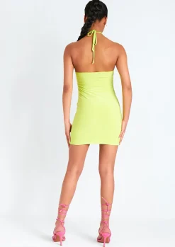 Rave Outfits|Mini Dresses*Missy Empire Giselle Lime Cut Out Halter Neck Double Layered Mini Dress Lime Green