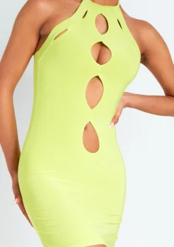 Rave Outfits|Mini Dresses*Missy Empire Giselle Lime Cut Out Halter Neck Double Layered Mini Dress Lime Green