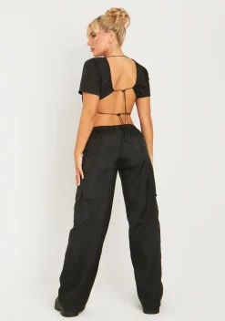 Rave Outfits|Concert Outfits*Missy Empire Grace Black Parachute Cargo Trousers