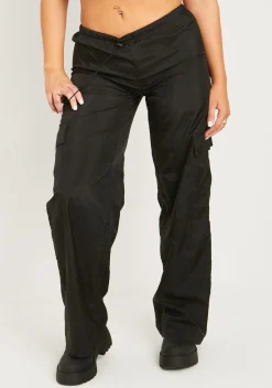 Rave Outfits|Concert Outfits*Missy Empire Grace Black Parachute Cargo Trousers