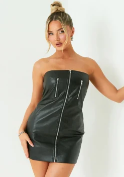 The Party Edit|Little Black Dresses*Missy Empire Grace Black Zip Front Faux Leather Mini Dress