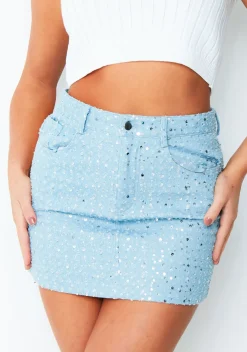Concert Outfits|Skirts*Missy Empire Grace Light Blue Denim Sequin Mini Skirt