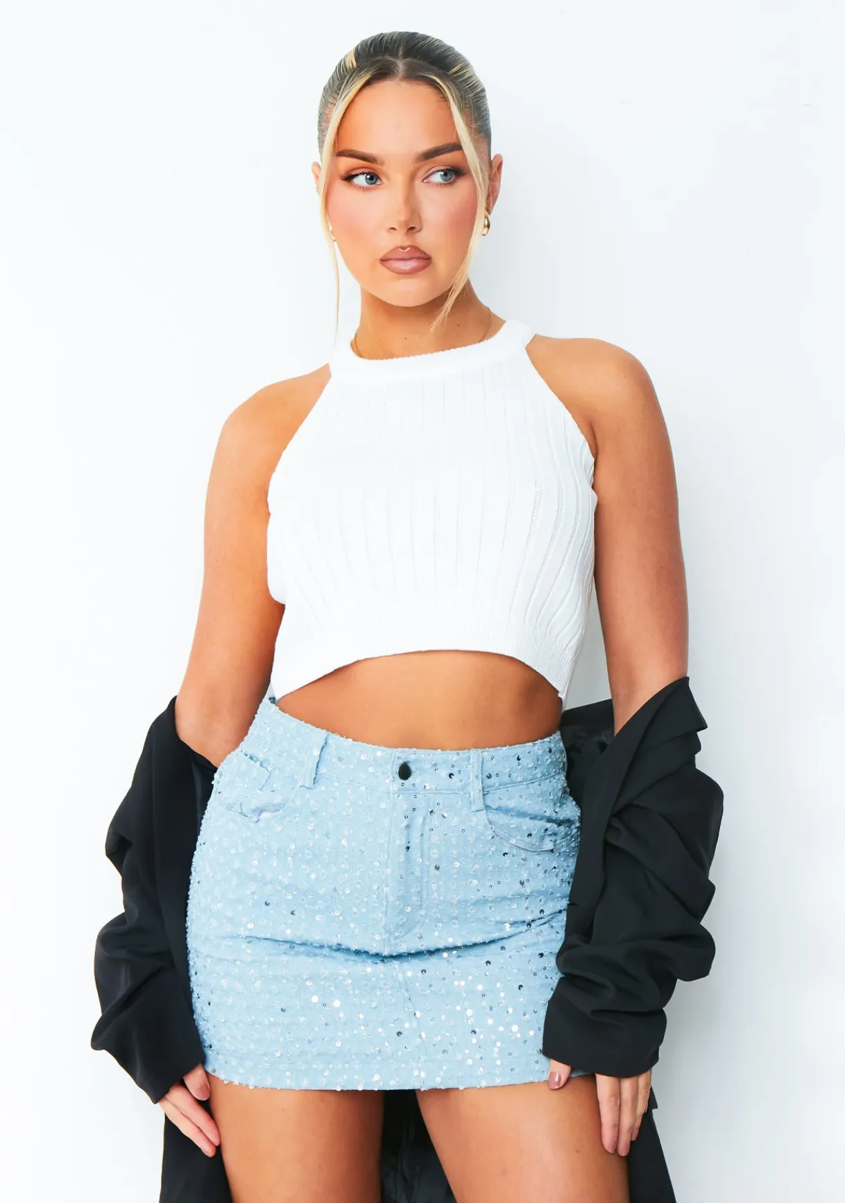 Concert Outfits|Skirts*Missy Empire Grace Light Blue Denim Sequin Mini Skirt