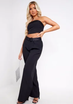 The Party Edit|Trousers*Missy Empire Gracie Satin Fold Over Waist Wide Leg Trousers Black