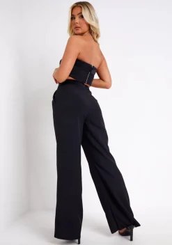 The Party Edit|Trousers*Missy Empire Gracie Satin Fold Over Waist Wide Leg Trousers Black