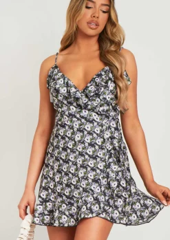 Little Black Dresses|Mini Dresses*Missy Empire Haila Black Ditsy Floral Wrap Mini Frill Dress