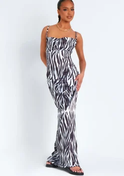 Maxi Dresses|Party Dresses*Missy Empire Hannah Zebra Print Satin Lace Up Back Maxi Dress