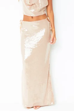 The Party Edit|Skirts*Missy Empire Harlow Champagne Wet Look Cut Out Sequin Maxi Skirt