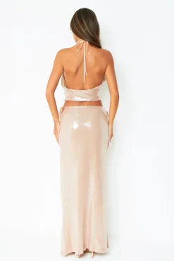 The Party Edit|Skirts*Missy Empire Harlow Champagne Wet Look Cut Out Sequin Maxi Skirt