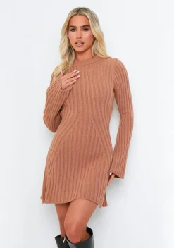 Knitted Dresses|Mini Dresses*Missy Empire Harper Rib Knit Flare Mini Dress Taupe