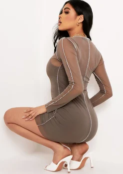 Rave Outfits|Mini Dresses*Missy Empire Heidi Khaki Mesh Contrast Stitch Mini Dress