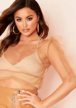 Tops*Missy Empire Helene Mesh Tie Back Crop Top Nude