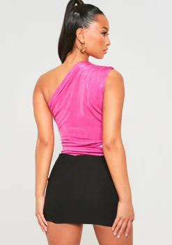 Rave Outfits|Concert Outfits*Missy Empire Hiba Pink Metallic One Shoulder Bodysuit