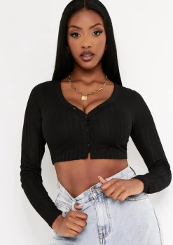 Knitwear*Missy Empire Holli Sheer Cropped Button Through Cardigan Black
