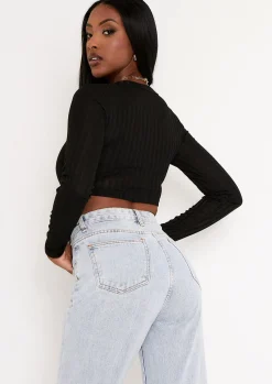 Knitwear*Missy Empire Holli Sheer Cropped Button Through Cardigan Black