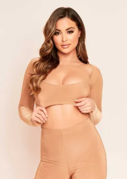 Tops|Basics*Missy Empire Isabella Double Layer Crop Top Camel