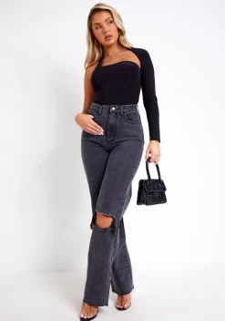 Concert Outfits|The Party Edit*Missy Empire Isla One Sleeve Slinky Bodysuit Black