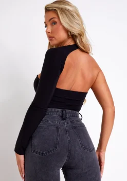 Concert Outfits|The Party Edit*Missy Empire Isla One Sleeve Slinky Bodysuit Black