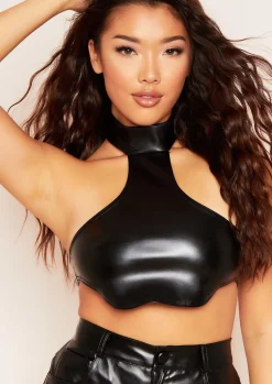 Rave Outfits|Tops*Missy Empire Ivy Black PU Halterneck Curved Hem Crop Top