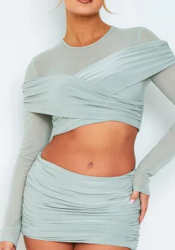 Tops|Co-Ords*Missy Empire Ivy Sage Mesh Sleeve Cross Over Long Sleeve Top