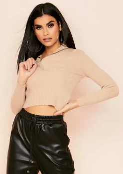 Tops|Knitwear*Missy Empire Jaden Beige Zip Up Ribbed Knit Top