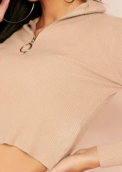 Tops|Knitwear*Missy Empire Jaden Beige Zip Up Ribbed Knit Top