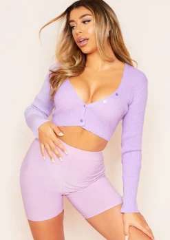 Knitwear*Missy Empire Jalia Super Cropped Ribbed Knitted Cardigan Lilac