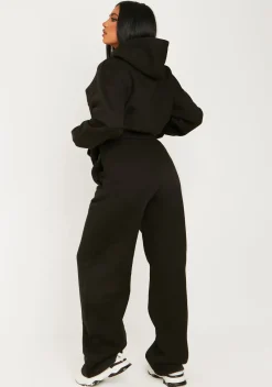 Airport Vibin'|Tracksuits*Missy Empire Jamilla Ski Paradise Embroidered Seam Front Wide Leg Jogger Black