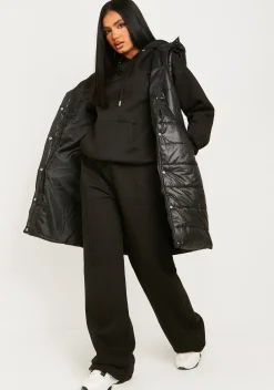 Airport Vibin'|Tracksuits*Missy Empire Jamilla Ski Paradise Embroidered Seam Front Wide Leg Jogger Black