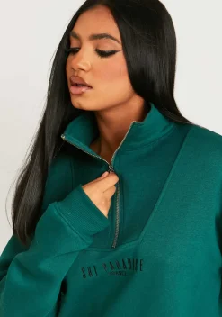Mini Dresses|Casual Dresses*Missy Empire Jamilla Ski Paradise Embroidered Half Zip Sweater Dress Dark Green