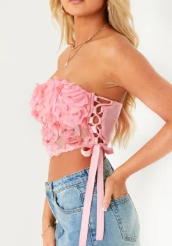 Tops*Missy Empire Jane Pink Floral Corsage Lace Up Corset Top