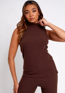 Airport Vibin'|Knitwear*Missy Empire Janie Chocolate Brushed Rib High Neck Sleeveless Top