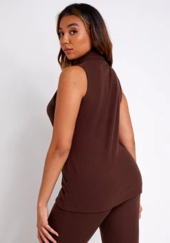 Airport Vibin'|Knitwear*Missy Empire Janie Chocolate Brushed Rib High Neck Sleeveless Top
